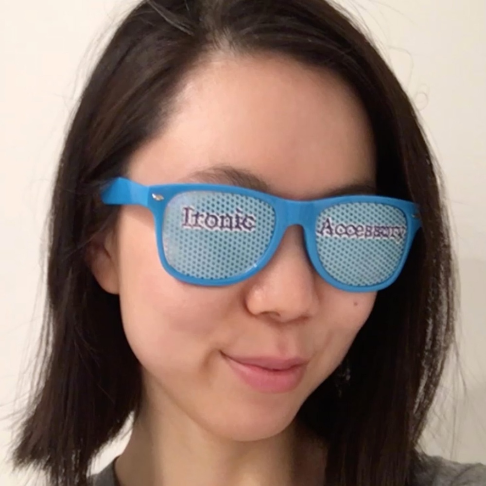 Funny Blue Sunglasses with "Ironic Accessory" text